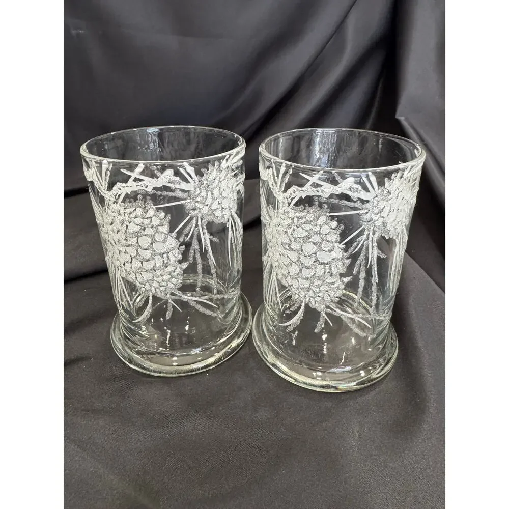 Rare Vintage Set of 2 Dorothy Thorpe Glass Tumblers with Lucite Pinecones Art